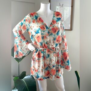 En Creme Long Sleeve Floral Chiffon Romper Poppy Flower With Pockets Size L